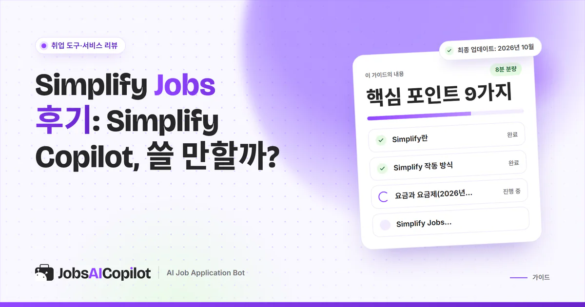 Simplify Jobs 후기 표지: 작동 방식, 요금, 사용자 평가, 장단점, 총평 체크리스트