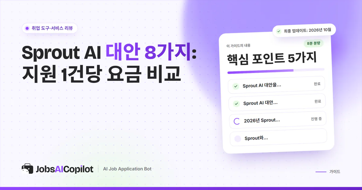 Sprout AI 대안 비교 표지: 입사지원 도구 8가지의 지원 1건당 요금을 비교한 보라색 표지
