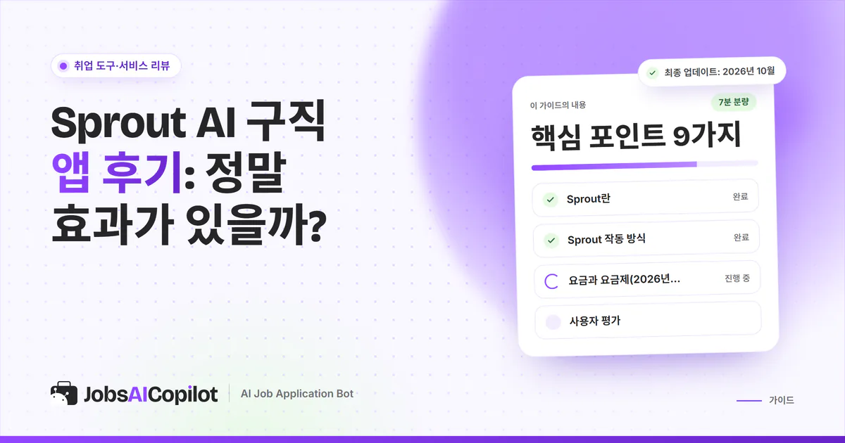 Sprout 구직 앱 후기 표지: AI 구직과 자동 입사지원 방식, 요금, 사용자 평가 체크리스트