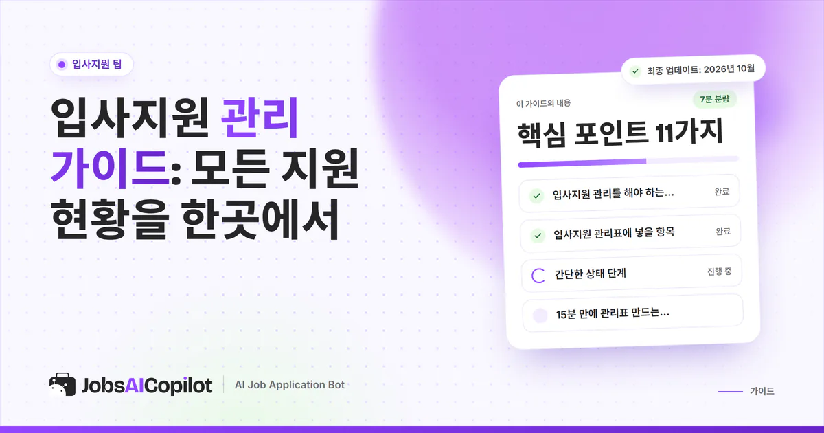 입사지원 관리 가이드 표지: 관리 이유, 기록할 항목, 상태 단계, 15분 설정법 체크리스트