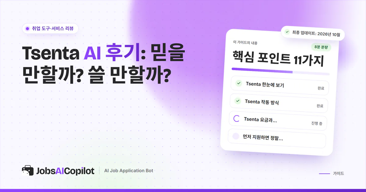 Tsenta AI 후기 표지: 회사와 지원 플랫폼, 작동 방식, 요금, 먼저 지원하는 효과 체크리스트