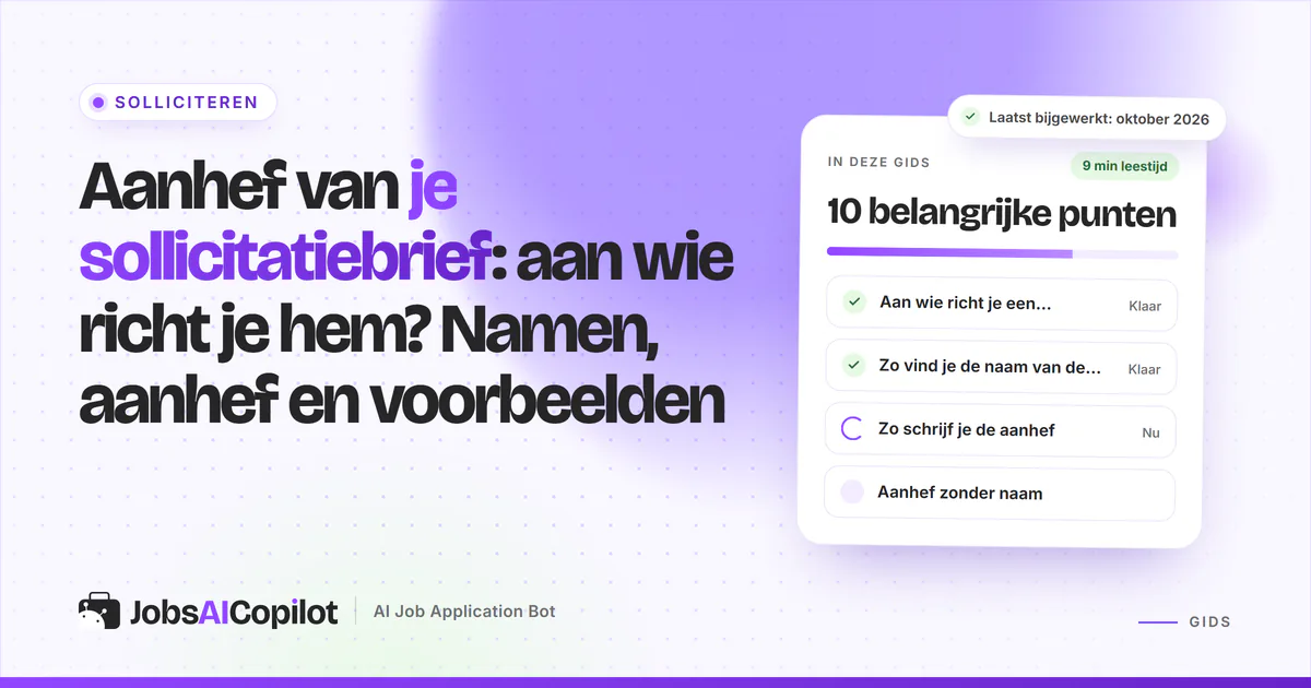 Aanhef sollicitatiebrief: mock-up van een brief met “Hiring manager bij naam” op een violette JobsAICopilot-cover