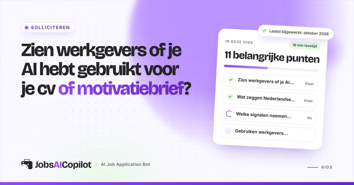 Zien werkgevers AI: een cv en motivatiebrief onder een vergrootglas op een violette JobsAICopilot-cover