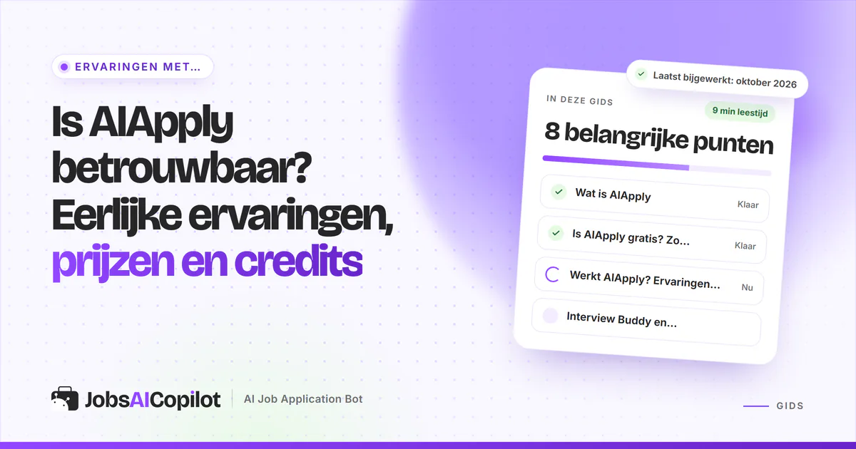 AIApply ervaringen: kaart met functies, prijsoverzicht en alternatieven op een violette JobsAICopilot-cover
