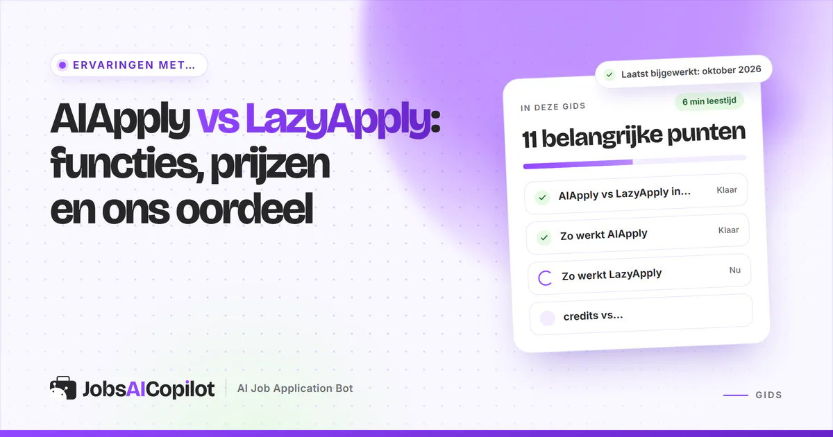 Vergelijkingskaarten van AIApply en LazyApply met een versus-badge op een violette JobsAICopilot-cover