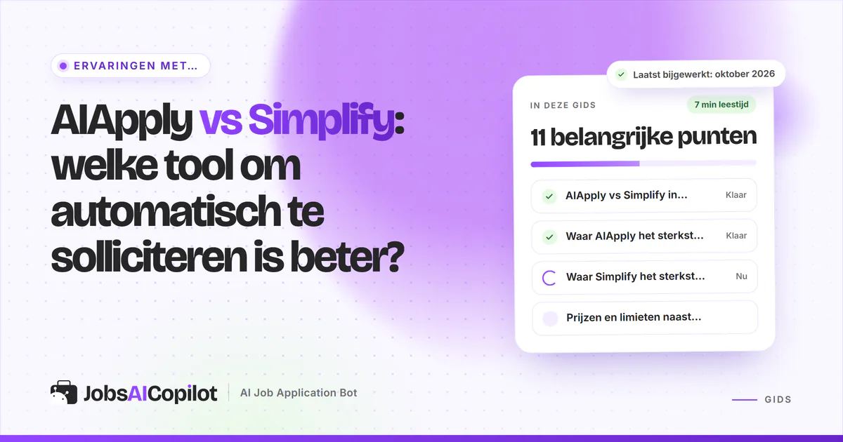 Vergelijkingskaarten van AIApply en Simplify met een versus-badge op een violette JobsAICopilot-cover