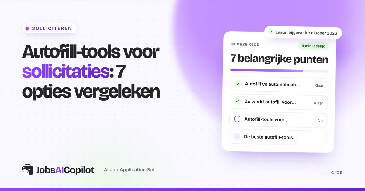 Autofill-tools voor sollicitaties: Simplify Copilot, Jobright Autofill, Huntr en Teal vergeleken op een violette cover