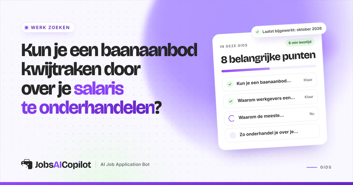 Checklistkaart over het risico je baanaanbod kwijt te raken door te onderhandelen, op een violette JobsAICopilot-cover