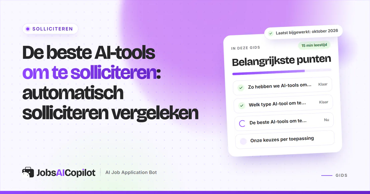 Beste AI-tools om te solliciteren: JobsAICopilot, Simplify, Jobright en JobCopilot vergeleken op een violette cover
