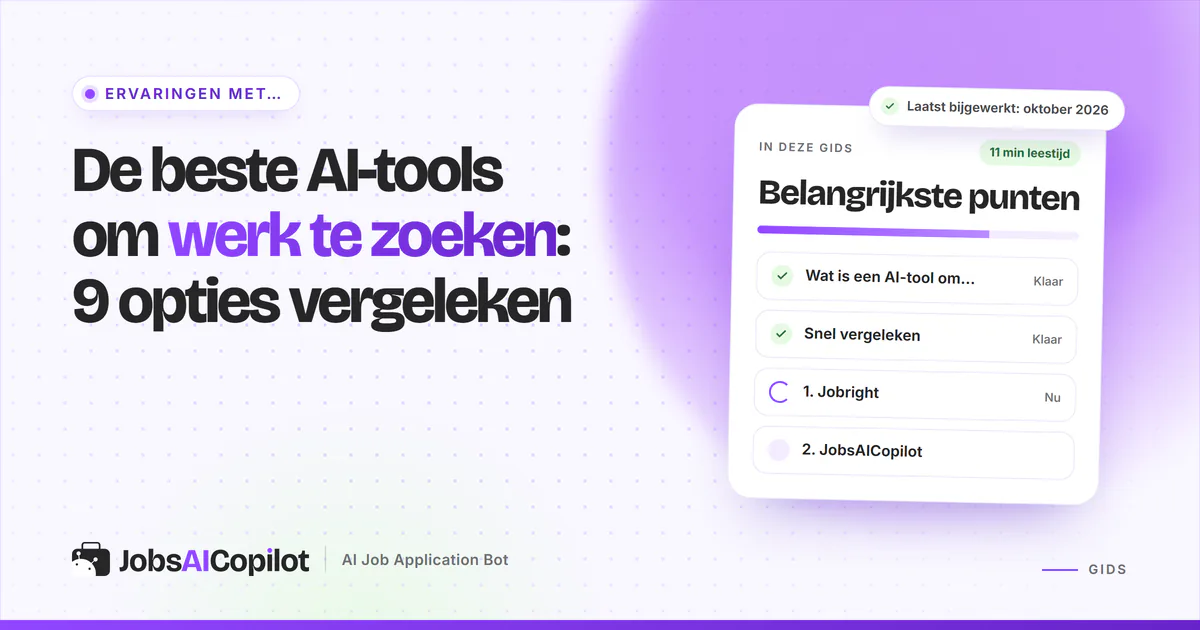 Vergelijkingsraster van negen AI-tools om werk te zoeken met matching, autofill, automatisch solliciteren en startprijzen