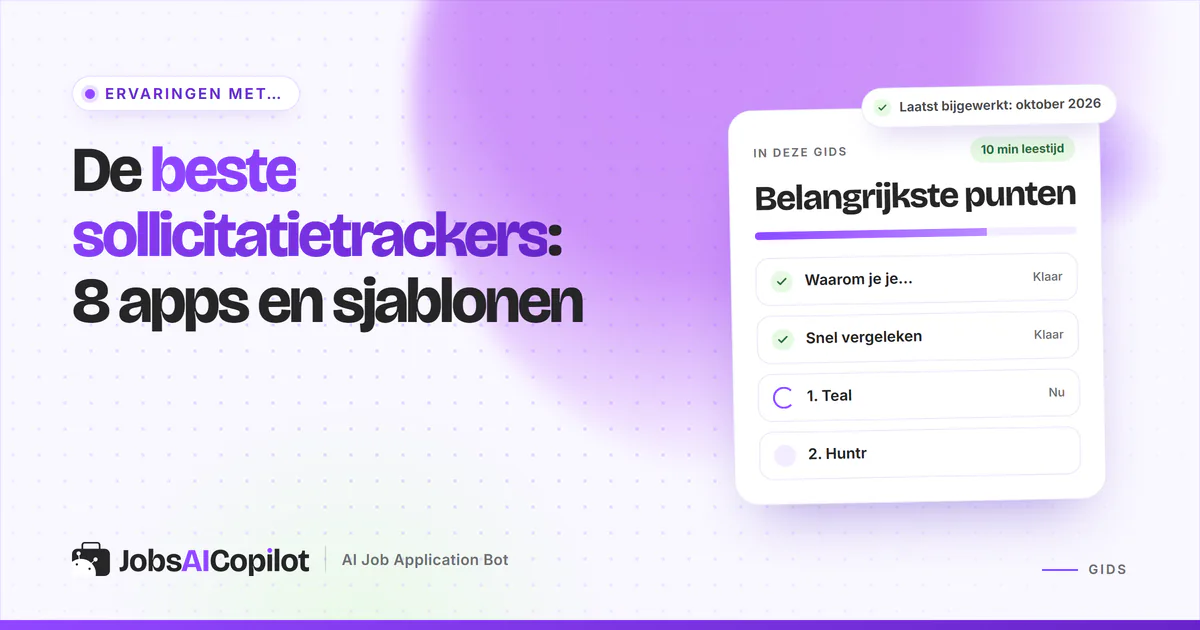 Sollicitatietracker in kanbanstijl met de kolommen bewaard, gesolliciteerd, gesprek en aanbod naast een spreadsheetsjabloon