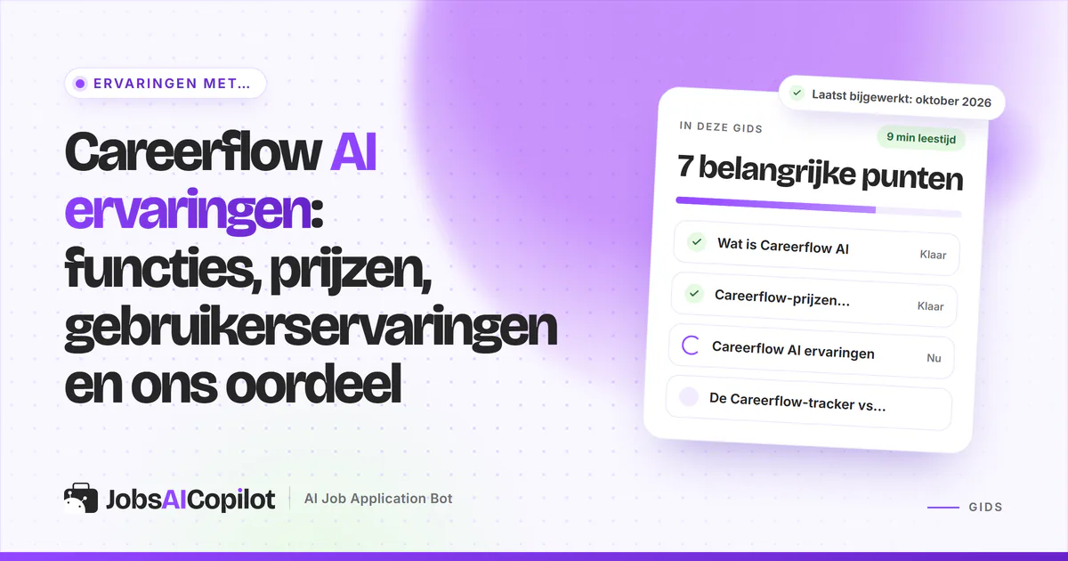 Careerflow AI ervaringen: kaart met functies, prijsoverzicht en gebruikerservaringen op een violette JobsAICopilot-cover