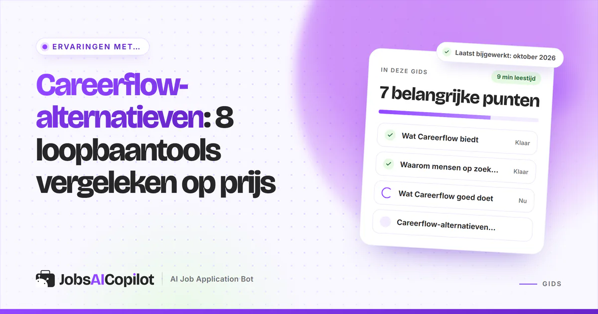 Careerflow-alternatieven: JobsAICopilot, Teal, Huntr en Simplify op een violette JobsAICopilot-cover