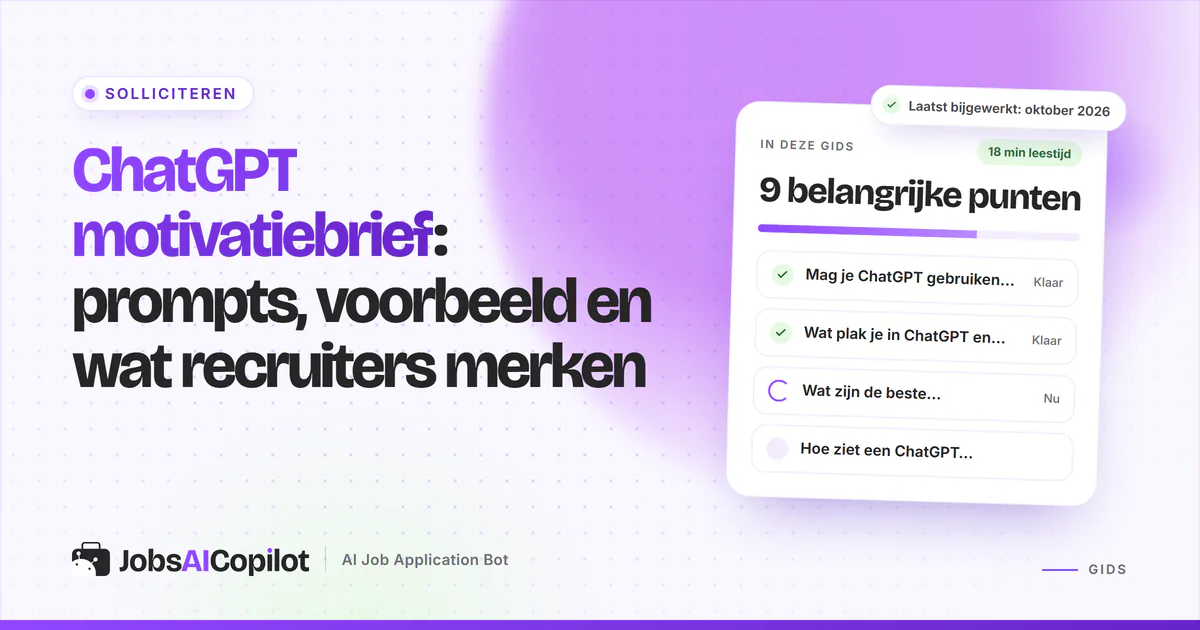 ChatGPT motivatiebrief met doorgestreepte standaardzinnen en eigen aanpassingen, op een violette JobsAICopilot-cover