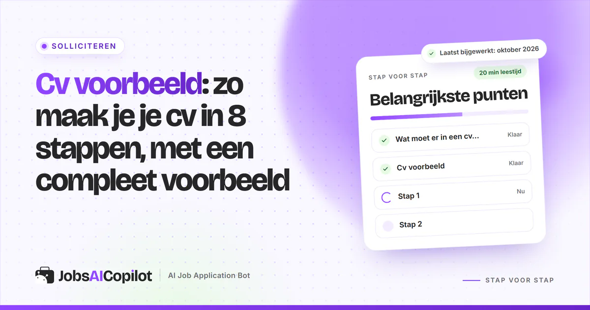 Cv voorbeeld: een overzichtelijk cv met één kolom en gemarkeerde onderdelen op een violette cover