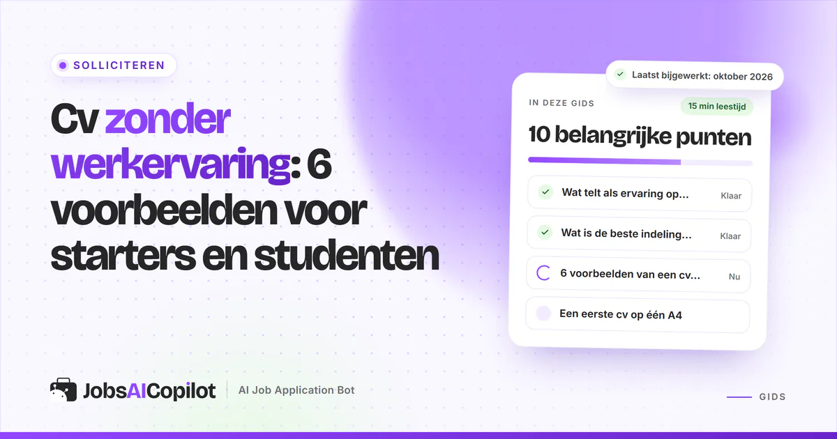 Cv zonder werkervaring: een cv van één A4 met profiel, vaardigheden en opleiding op een violette cover