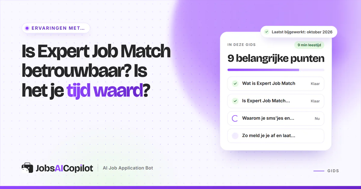 Betrouwbaarheidscheck van Expert Job Match met functies, gebruikerservaringen en voor- en nadelen op een violette cover