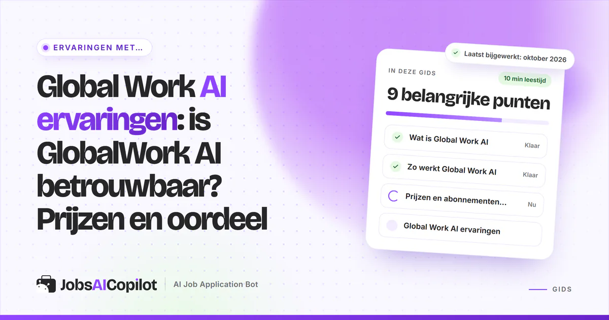 Global Work AI ervaringen: titelkaart “Is GlobalWork AI betrouwbaar?” naast een checklist met prijzen en oordeel