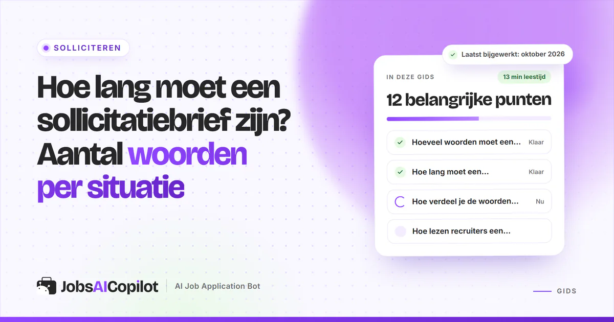 Hoe lang moet een sollicitatiebrief zijn: brief van één pagina met 250 tot 400 woorden op een violette JobsAICopilot-cover