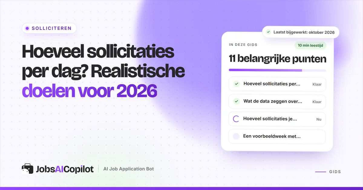 Checklistkaart over hoeveel sollicitaties per dag, met realistische doelen voor 2026 op een violette JobsAICopilot-cover