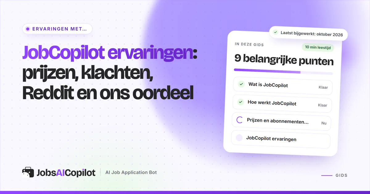 JobCopilot ervaringen: titelkaart met prijzen, klachten, Reddit en oordeel naast een checklist