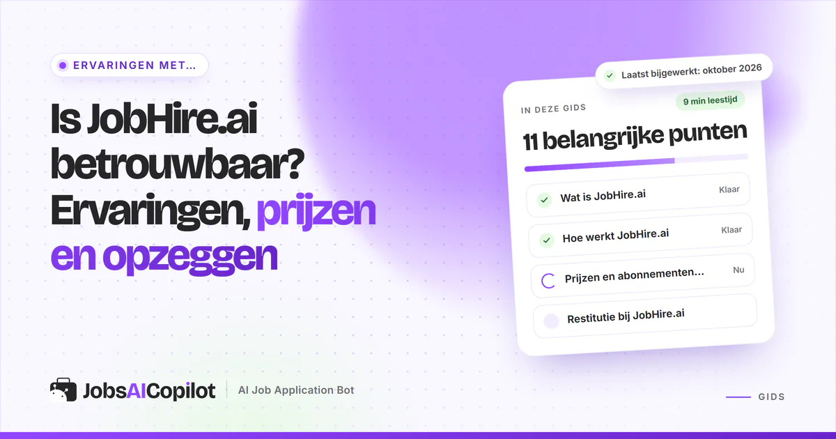 JobHire.ai ervaringen: kaart met functies, prijsoverzicht en gebruikerservaringen op een violette JobsAICopilot-cover