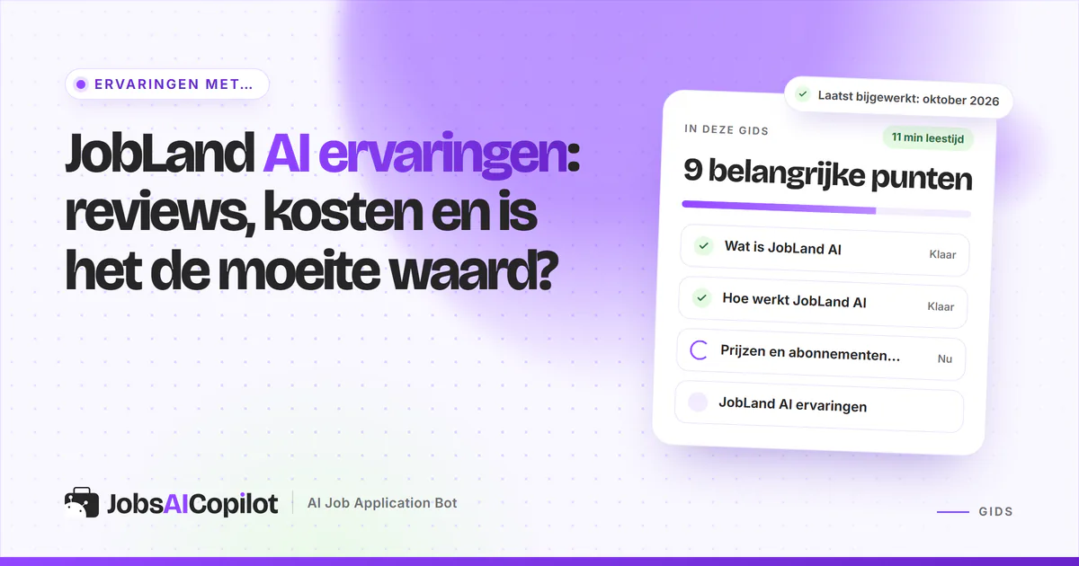 JobLand AI ervaringen: titelkaart over reviews, kosten en of het de moeite waard is, naast een checklist