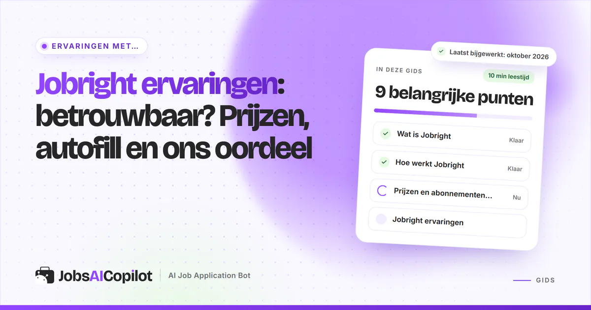 Jobright ervaringen: titelkaart “Betrouwbaar? Prijzen, autofill en oordeel” naast een checklist