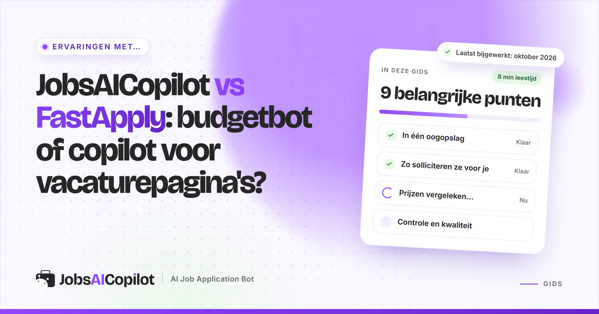 Cover JobsAICopilot vs FastApply: paneel van een browserextensie naast een wachtrij met sollicitaties via vacaturepagina's