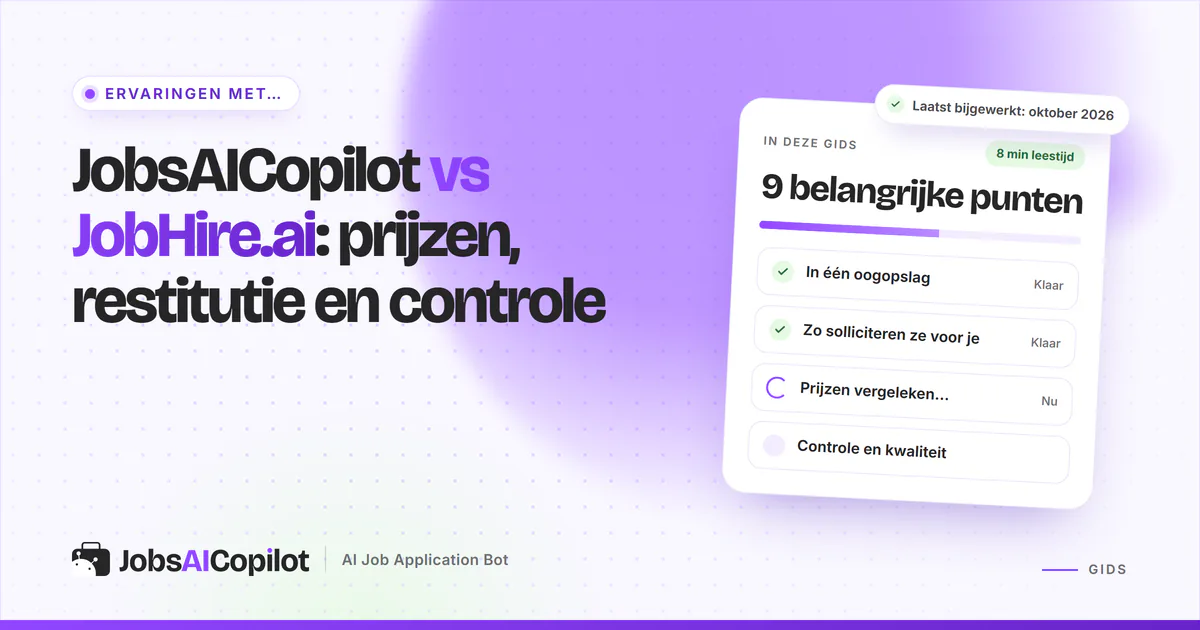 Cover JobsAICopilot vs JobHire.ai met openbare en verborgen prijzen, restitutievoorwaarden en daglimieten