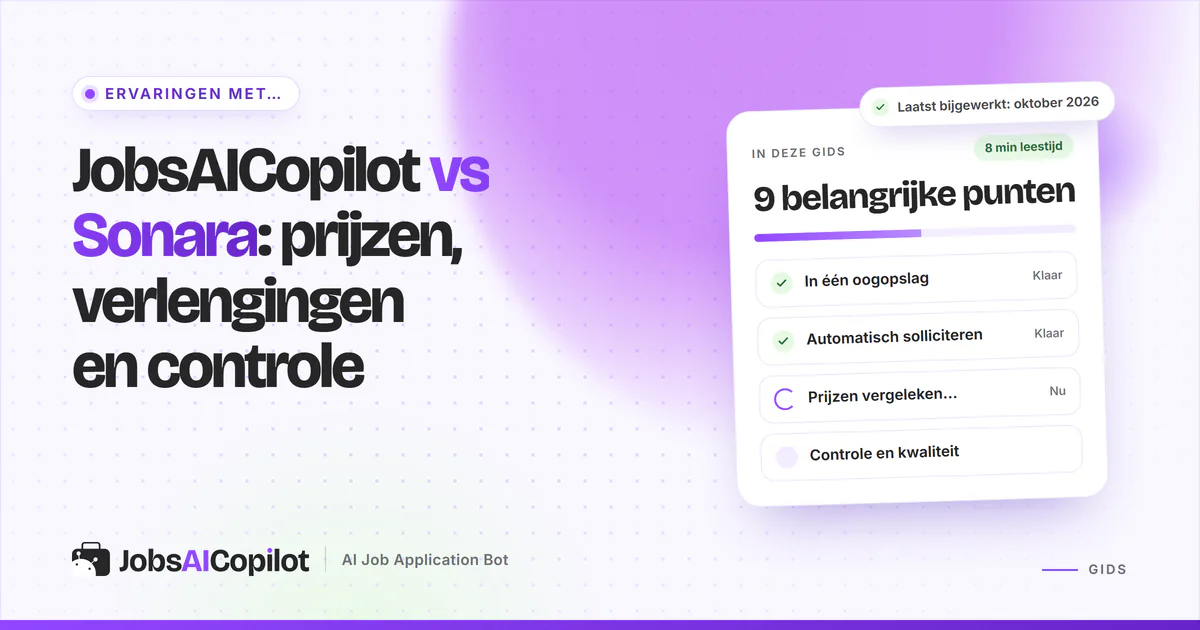 Cover JobsAICopilot vs Sonara: kaarten naast elkaar met prijzen, verlengingsvoorwaarden en goedkeuringsopties