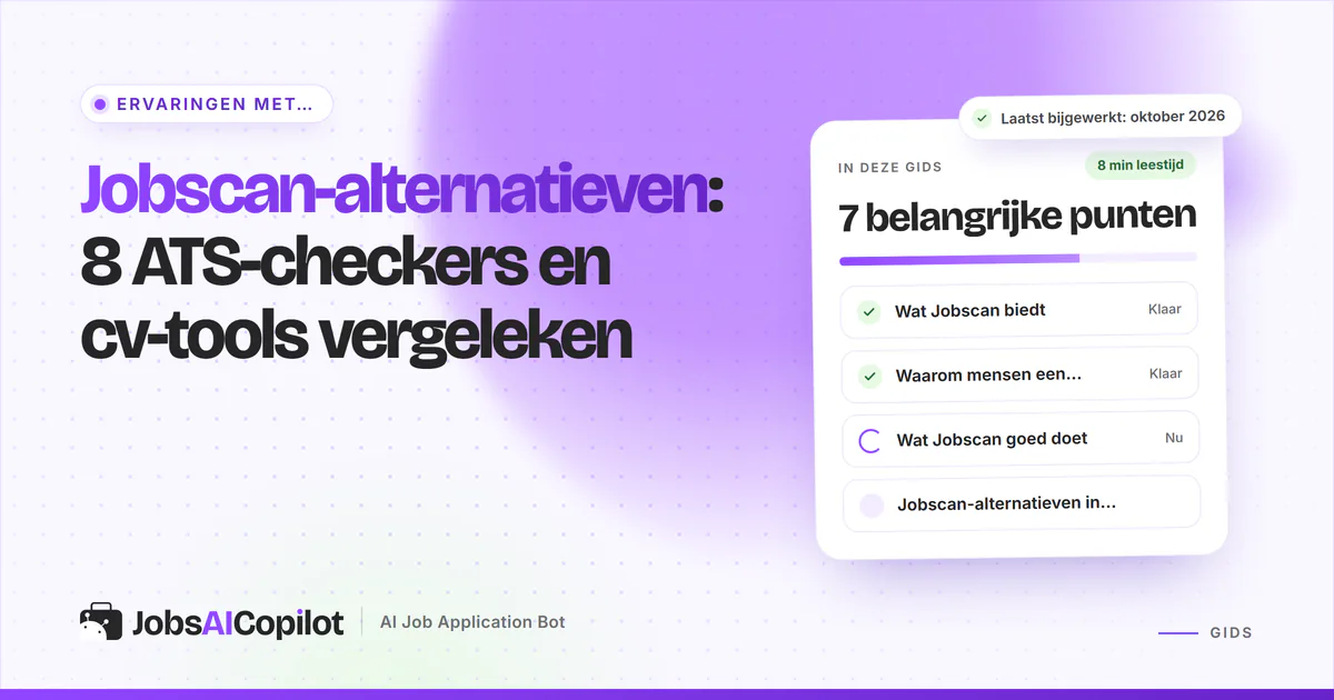 Jobscan-alternatieven: JobsAICopilot, SkillSyncer, Teal en Careerflow op een violette JobsAICopilot-cover