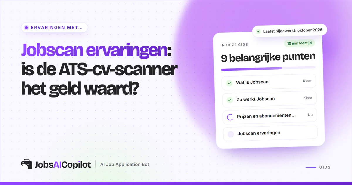 Jobscan ervaringen: titelkaart “Is de ATS-cv-scanner het geld waard?” naast een checklist met ons oordeel