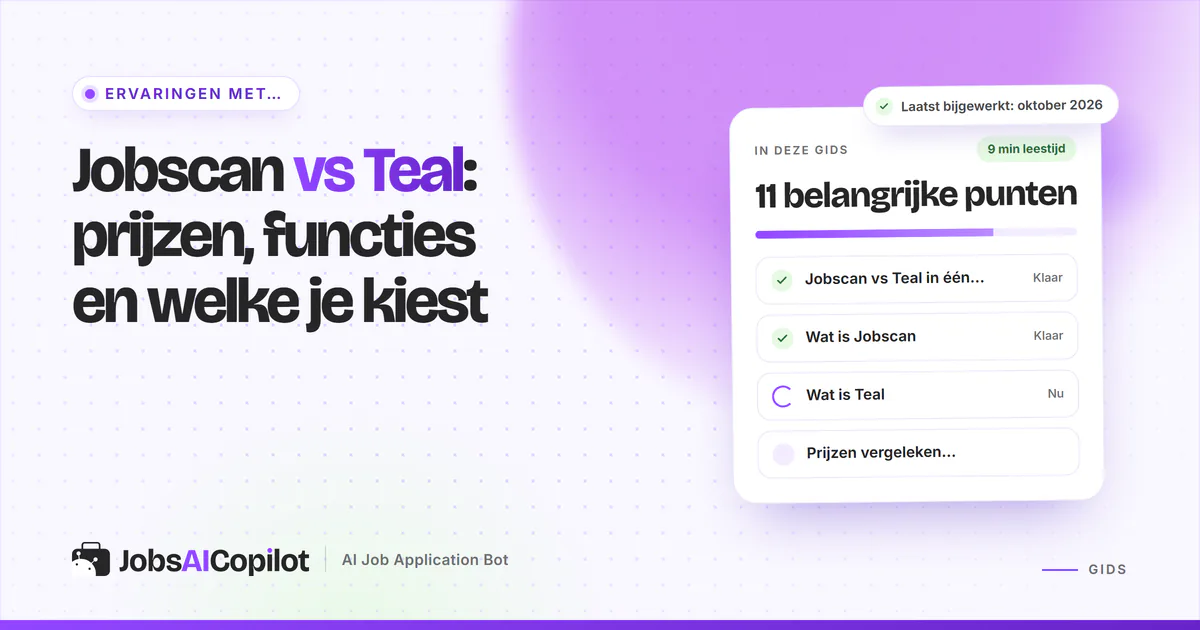 Vergelijkingskaarten van Jobscan en Teal met een versus-badge op een violette JobsAICopilot-cover