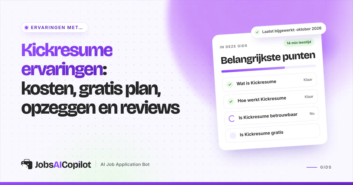 Kickresume ervaringen: kaart met gratis plan, prijzen 2026, terugbetaalregels en beoordelingen op een violette cover