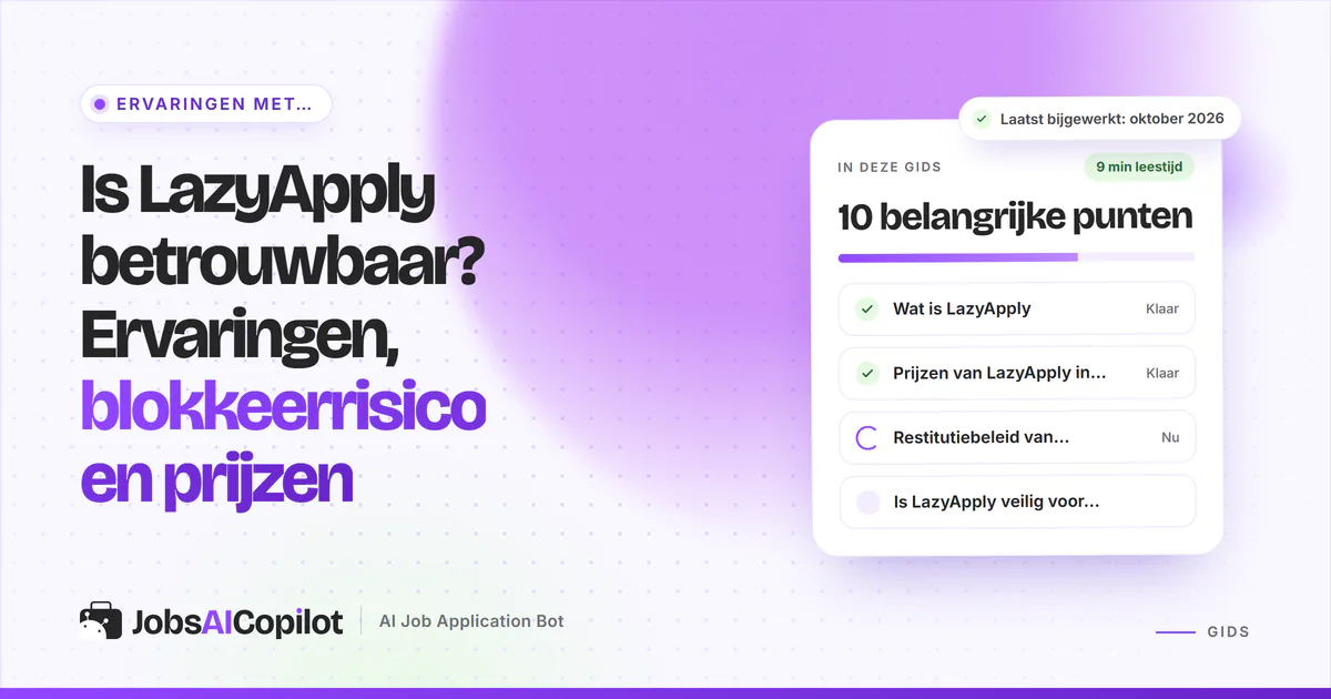 Betrouwbaarheidscheck van LazyApply met functies, prijsoverzicht en gebruikerservaringen op een violette cover