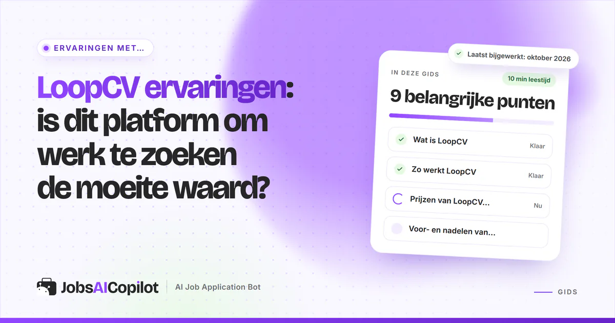 LoopCV ervaringen: kaart met functies, prijsoverzicht en voor- en nadelen op een violette JobsAICopilot-cover