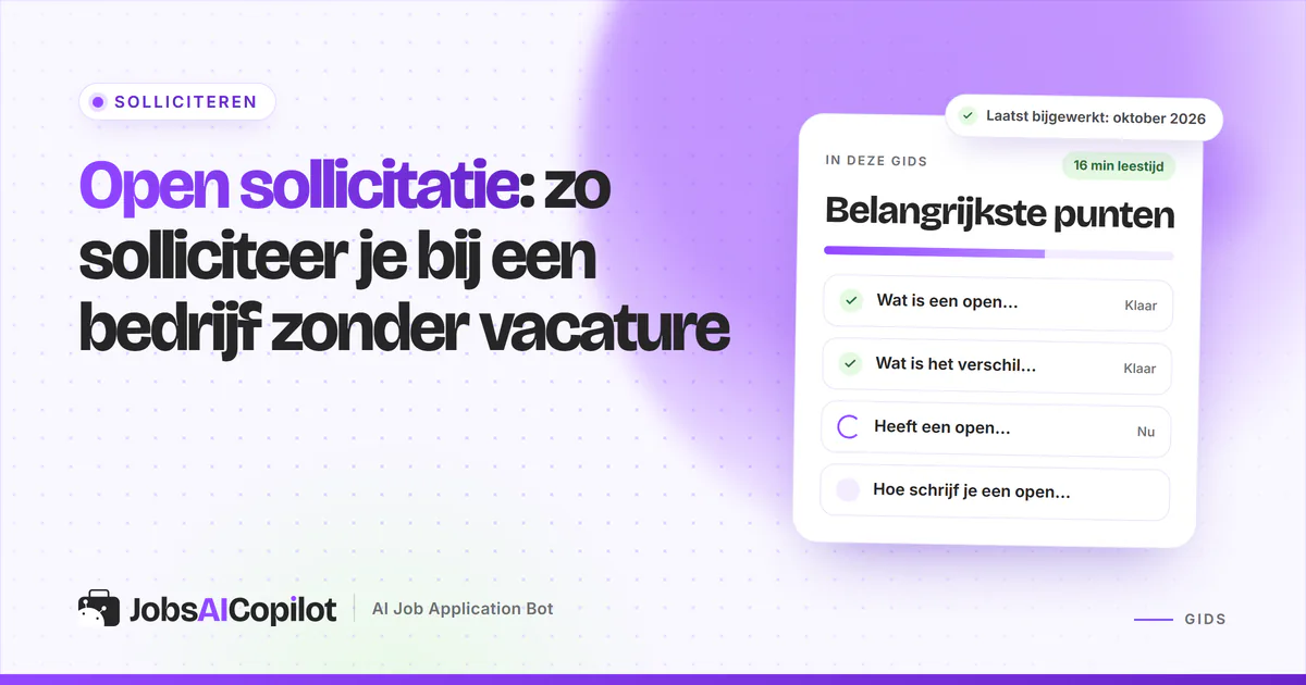 Open sollicitatie: een korte brief en mail aan een bedrijf zonder vacature, op een violette JobsAICopilot-cover