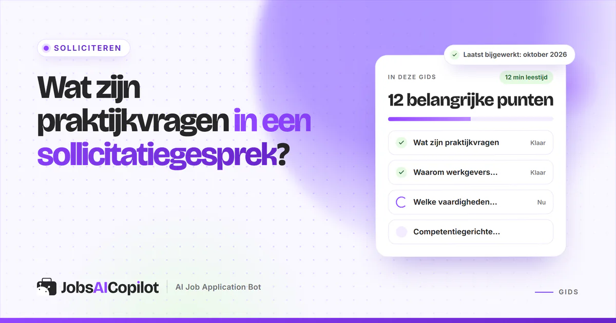 Praktijkvragen in een sollicitatiegesprek als oefengesprek in chatvorm op een violette JobsAICopilot-cover