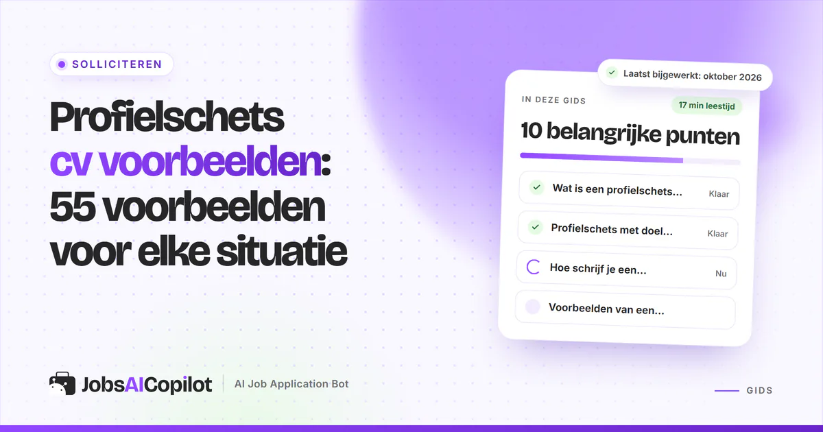Profielschets cv voorbeelden: cv-kop met een korte, gemarkeerde profielschets op een violette cover