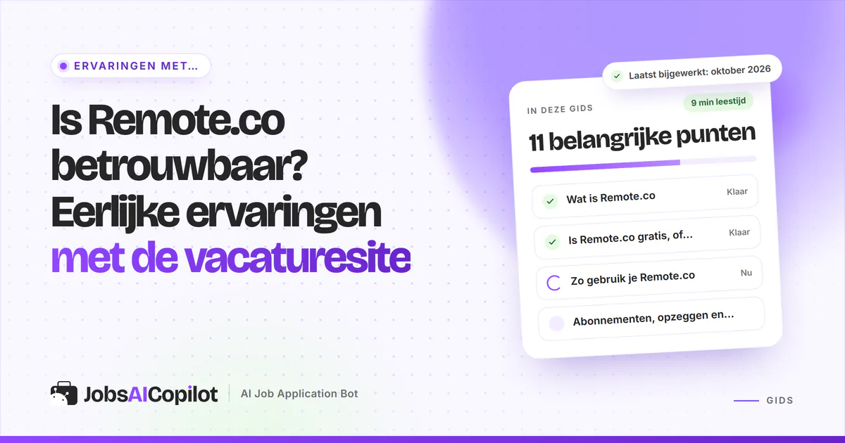 Remote.co ervaringen: kaart met functies, prijsoverzicht en gebruikerservaringen op een violette JobsAICopilot-cover