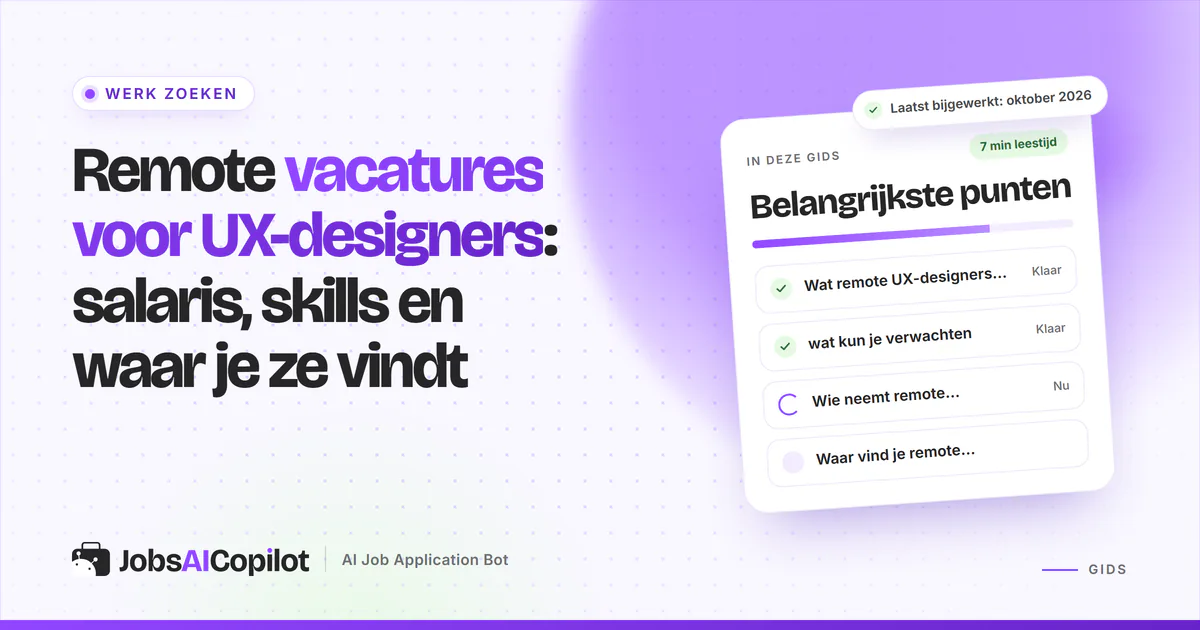 Remote vacatures voor UX-designers: vacatureradar met functies als UX-designer en UX-researcher op een JobsAICopilot-cover