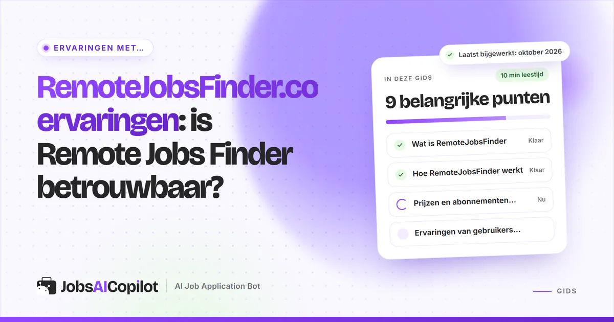 RemoteJobsFinder.co ervaringen: titelkaart “Is Remote Jobs Finder betrouwbaar?” naast een checklist met ons oordeel