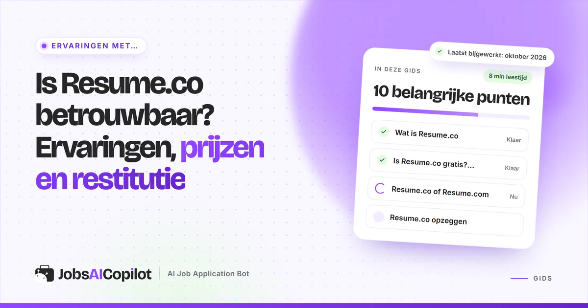 Betrouwbaarheidscheck van Resume.co met functies, prijsoverzicht en gebruikerservaringen op een violette cover