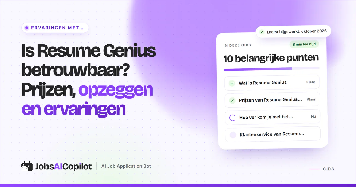 Betrouwbaarheidscheck van Resume Genius met functies, prijsoverzicht en gebruikerservaringen op een violette cover