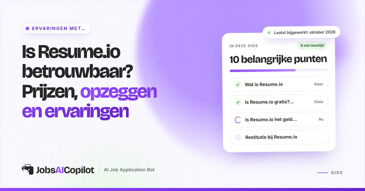 Betrouwbaarheidscheck van Resume.io met functies, prijsoverzicht en gebruikerservaringen op een violette cover