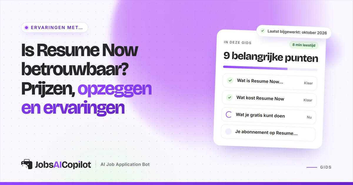 Betrouwbaarheidscheck van Resume Now met functies, prijsoverzicht en gebruikerservaringen op een violette cover