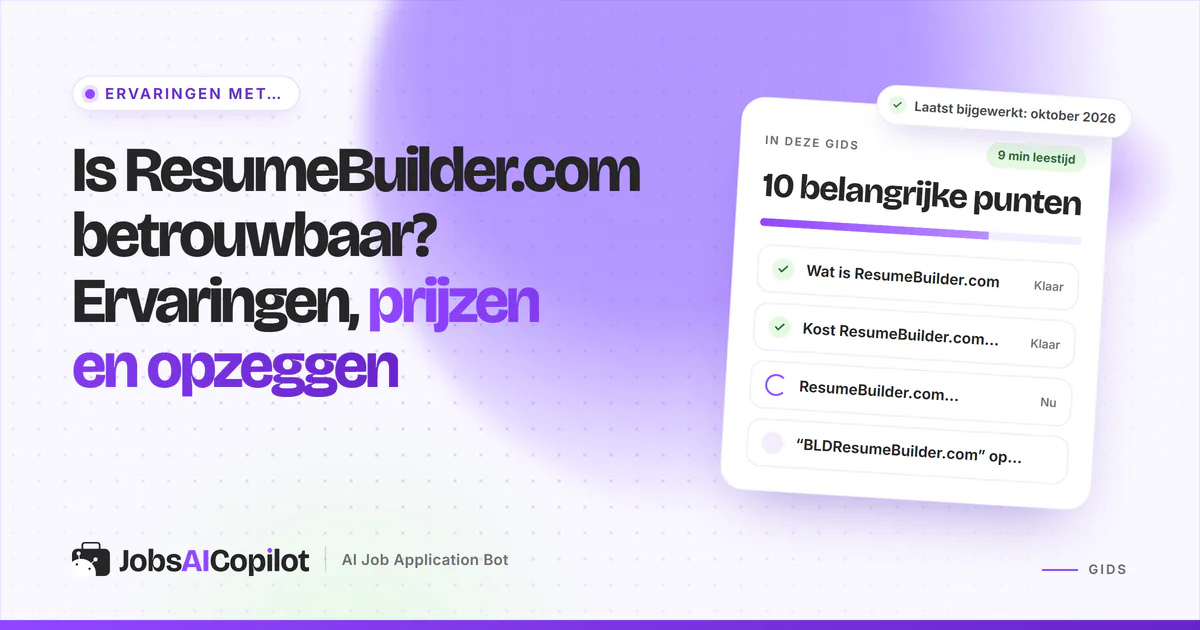 Betrouwbaarheidscheck van Resume Builder met functies, prijsoverzicht en gebruikerservaringen op een violette cover
