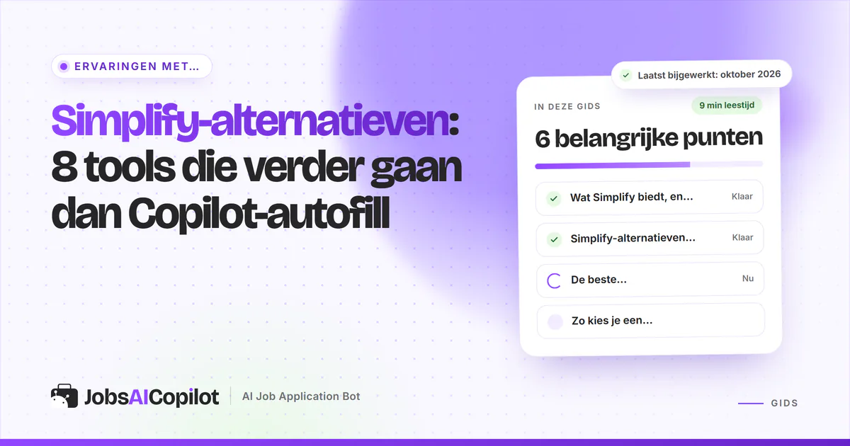 Simplify-alternatieven: JobsAICopilot, Jobright, Wobo en FastApply op een violette JobsAICopilot-cover