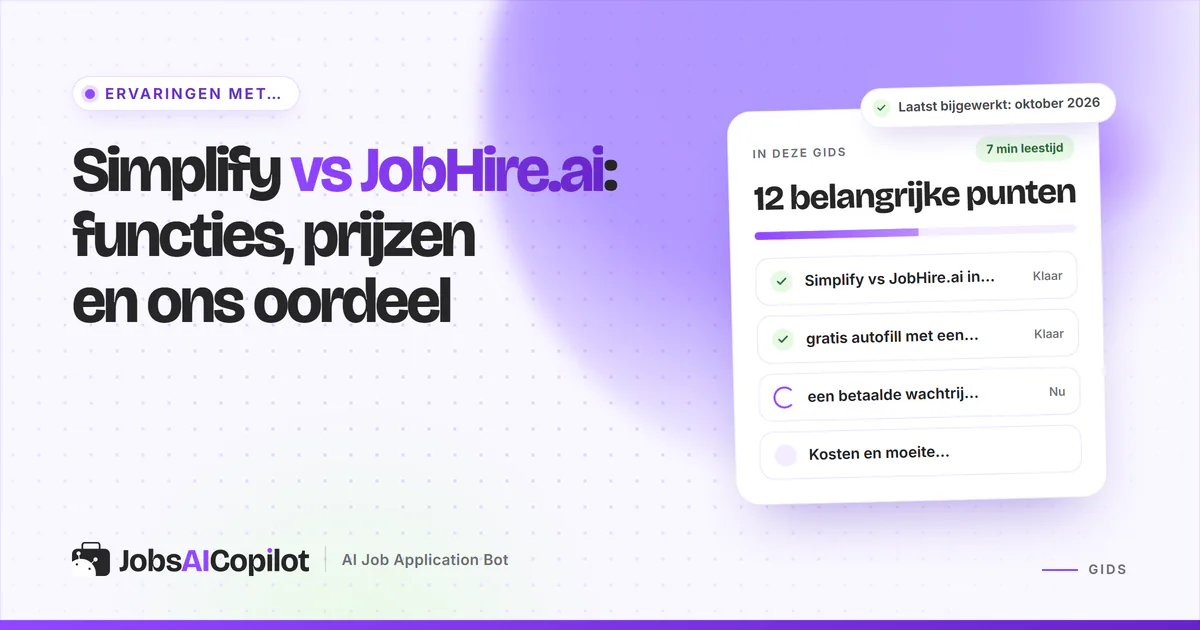 Vergelijkingskaarten van Simplify en JobHire.ai met een versus-badge op een violette JobsAICopilot-cover